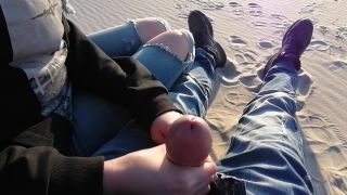 Risky Outdoor Handjob - Jerking him off on a Public Beac...-5