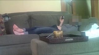 Horny girlfriend fingering pussy while watching phone porn on the couch. spy cam - Masturbation-3