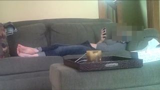 Horny girlfriend fingering pussy while watching phone porn on the couch. spy cam - Masturbation-6