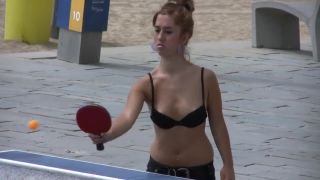 Teen playing table tennis with small bra and show her puffy  nipples-1