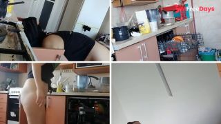 Brunette hairy pussy, big tits, big ass. Sexy wife in the kitchen naked.-2