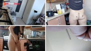 Brunette hairy pussy, big tits, big ass. Sexy wife in the kitchen naked.-3