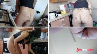 Brunette hairy pussy, big tits, big ass. Sexy wife in the kitchen naked.-6