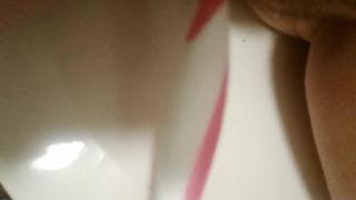 Horny amateur chubby girl masturbating with toothbrush and toy in the toilet,  on webcam -5