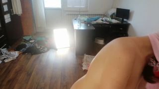 HairyMaid - Sexy wife has fun trying on clothes and cutting them. Brunette dances naked around the house.-1