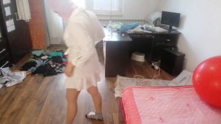 HairyMaid - Sexy wife has fun trying on clothes and cutting them. Brunette dances naked around the house.-2