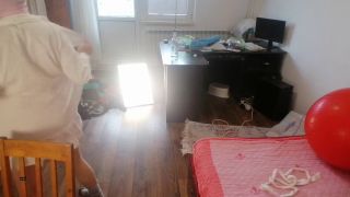 HairyMaid - Sexy wife has fun trying on clothes and cutting them. Brunette dances naked around the house.-7