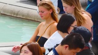 Fantastic big boobs almost slipping out of top-4