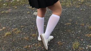 New Fantazy Schoolgirl in white knee socks and white shoes show under skirt feet-0