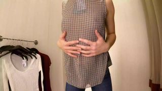 [Amateur] Sexy teen with small tits try-on haul slim blouses, pullovers in dressing room.-6