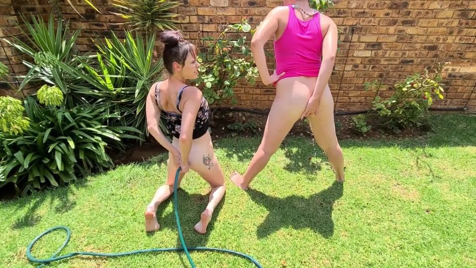 Dom & Whores Two Dirty Whores Ass Playing With A Hose Outside In The Garden - 1080p