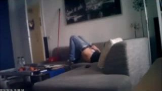 Horny girl masturbating till orgasm on the couch. hidden cam-0