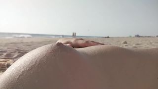 [Amateur] Nude public beach. Risky footjob and handjob by strangers. Almost caught-7