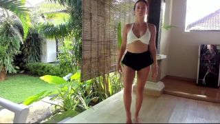 Brunette Flirty Terrace Workout in Tiny Shorts-7