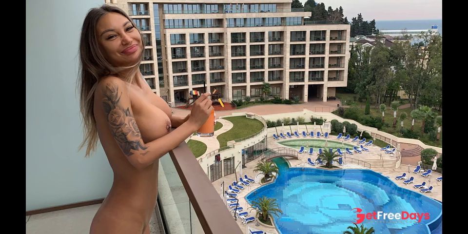 Naked having Breakfast on Hotel Balcony