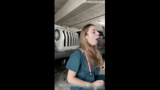 Blowjob Izzy_Swallows Izzy Teases as a Naughty Nurse Gulping Stranger Cock in Parking Lot Video-3