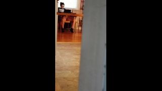 Spying horny glasses girl watching porn and fingering pussy under table-7