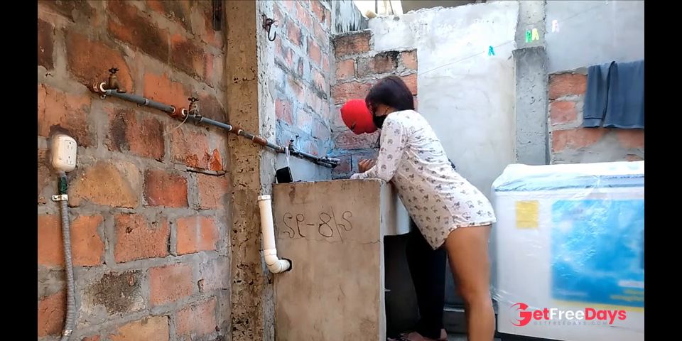 Neighbor with nothing on under her nightgown, her pink pussy is visible