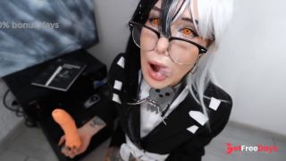 Anime girl drools through open gag cums and gets liter of cum on face in glasses  Anime Soul Eater-8