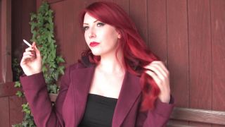 Beautiful Red Head Smokes Marlboro Reds At The Bus Stop Wearing Fishnets - Smoking-0