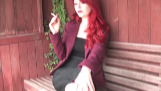 Beautiful Red Head Smokes Marlboro Reds At The Bus Stop Wearing Fishnets - Smoking-7
