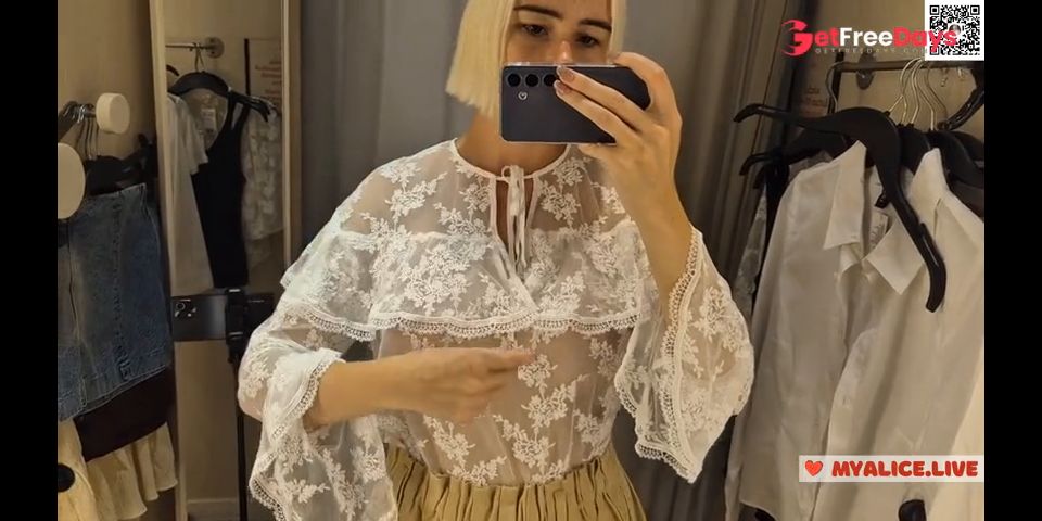 [GetFreeDays.com] Trying on transparent clothes in the fitting room. Naked blonde flashed her boobs in a public place Sex Video June 2023