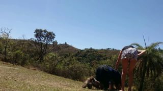 Cute and laughing petite but strong girl takes her guy outdoors in different locations and kicks his balls at each location. (Amateur porn)-8