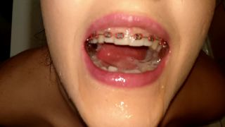 Teen Girl with Braces uses Cum to Brush Teeth Closeup Sloppy B-9