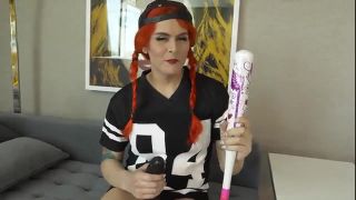 Naughty red shemale Isabella Sorrenti ride thick dildo and BASEBALL BA ...-5