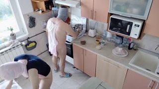 Hermina - Amateur couple having fun in the kitchen. Amateur wife with hairy pussy, big tits, big nipples, big-5