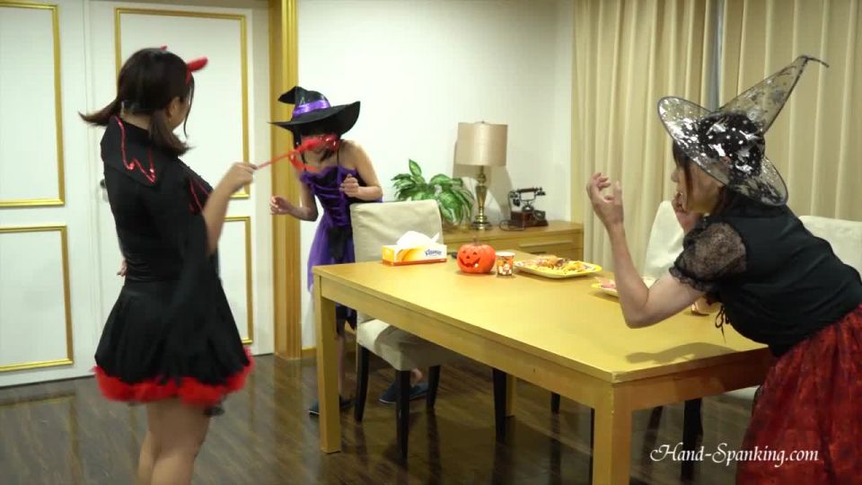[hotspanker.com] Late To Halloween Party – Mei is given Spanking from two participants HD