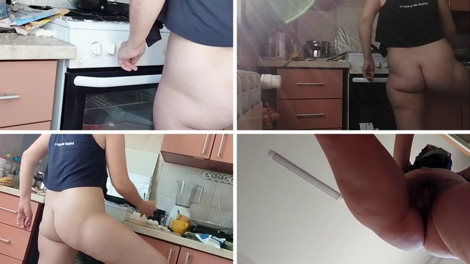 Hermina - Sexy naked wife prepares food in the kitchen. Brunette's hairy pussy, big ass, big tits.
